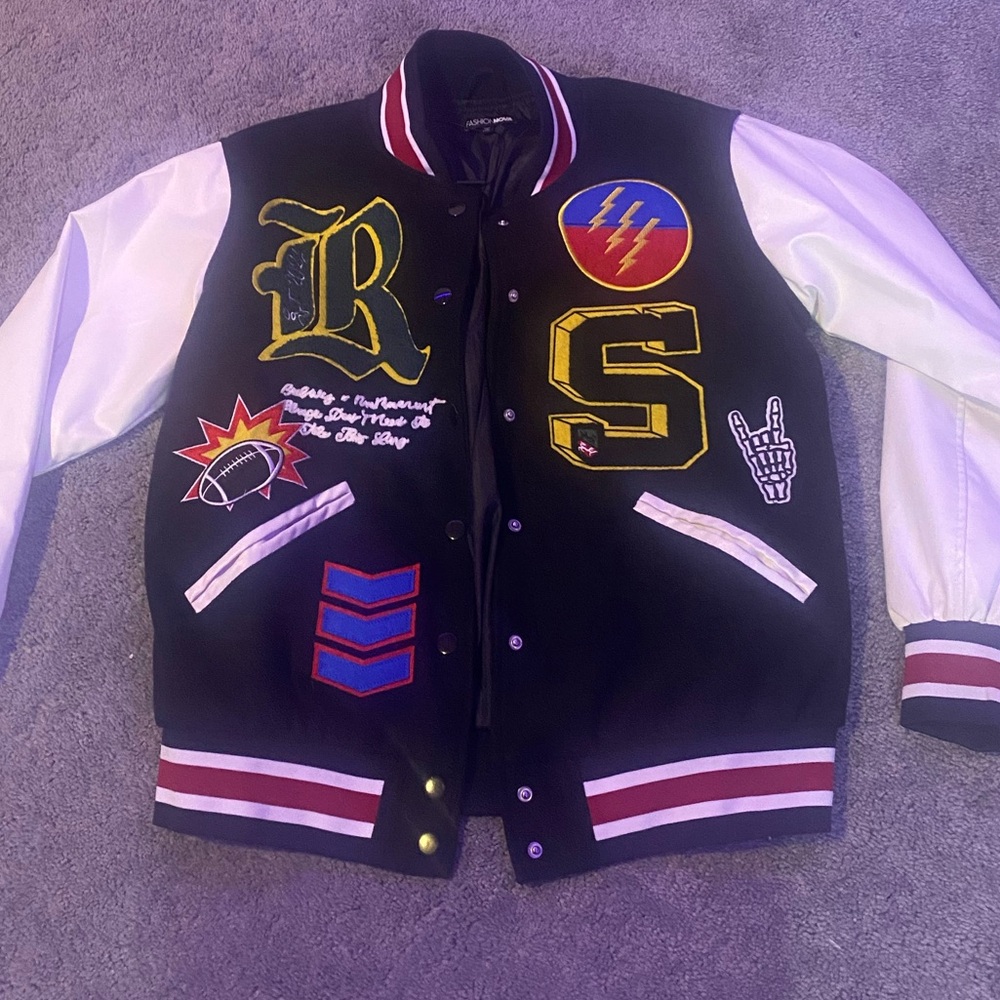 Black and White Varsity Jacket with Patches